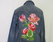 Embroidered Denim Jacket Distressed Jean Jacket Roses OOAK XL