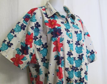 Hawaiian Blouse Tropical Print Cotton Floral Blouse 1980 Plus Size