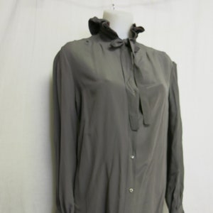 Silk Ruffle Collar and Sleeve Blouse  with Tie Charcoal Gray Tie Neck