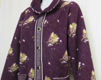 Felted Wool Knit Coat: Plum Floral Cardigan Sweater Jacket