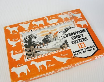 Vintage Barnyard Cooky Cutters Set of 12 Metal Animal Cookie Cutters Original Box Farm Animals Mid Century