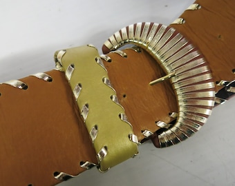 Boho Brown Leather Belt: Metallic Trim