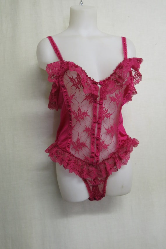 1970's Romper Lace Bodysuit Lace Onesie Magenta M… - image 1