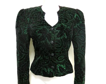 Vintage Scott McClintock Velvet Top Green Glitter Evening Blouse Gothic Party Jacket Size 6