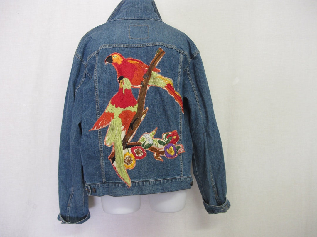 Levi Denim Jacket Embroidered Denim Parrots OOAK Boho Jean Jacket XL