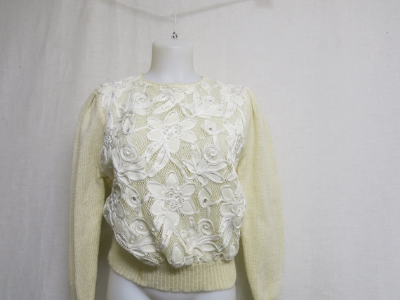 Fancy Lace White Sweater Lace Applique Pearl Swea… - image 2