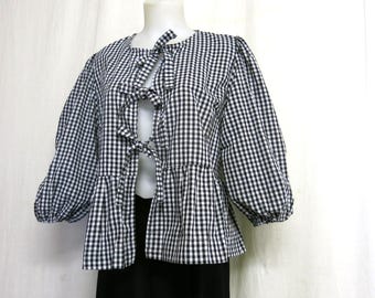 Geruite blouse met gingham-ruit Cottagecore-top met pofmouwen zomertop met laagjes
