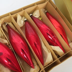 German Christmas Glass Ornaments West Germany Hand blown Glass Shiny Red Icicle in BOX 1950's