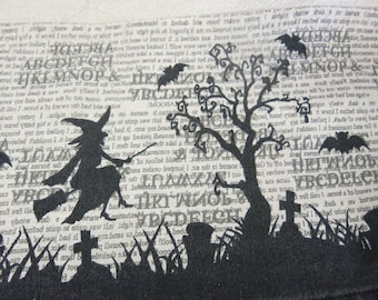 Halloween Tablecloth Witch Graveyard Bats Black & Cream Spooky Gothic Halloween Table Decor
