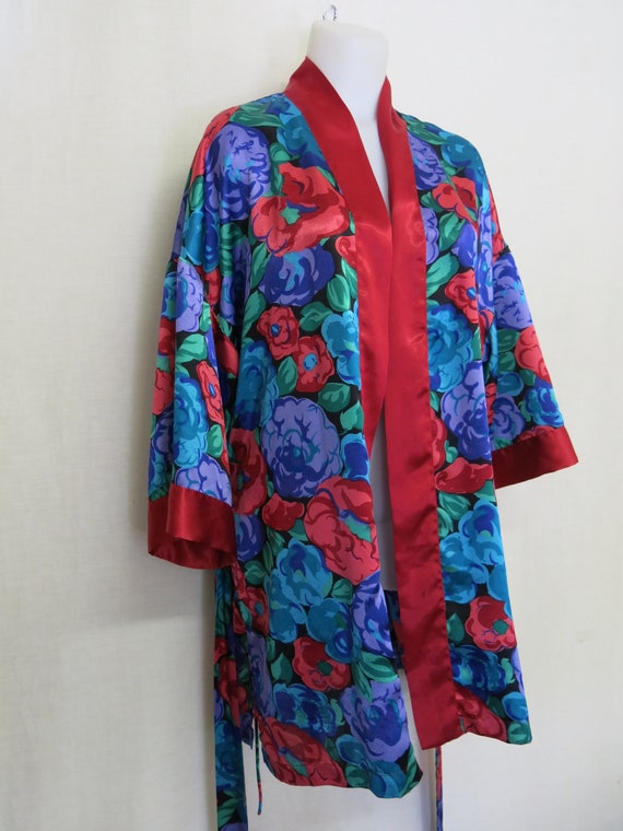 Satin Robe Floral Short  Satin Robe Loungewear Vi… - image 3