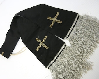 Antique Style Black Catholic Priest Stole Liturgical Vestment Ornate Embroidery Rare Church Garment