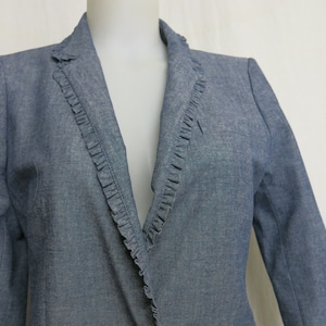J Crew Blue Cotton Chambray Blazer - Ruffle Detail, Size 6