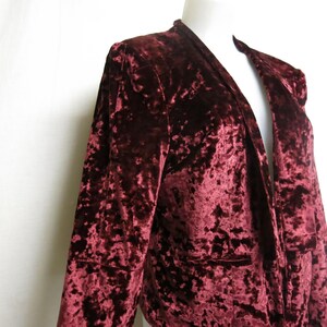 May include: A burgundy crushed velvet blazer with a deep V-neck and long sleeves.