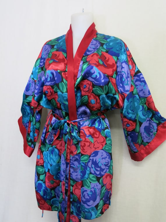 Satin Robe Floral Short  Satin Robe Loungewear Vi… - image 1