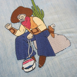Ricamo da cowboy vintage su denim Western Mid Century