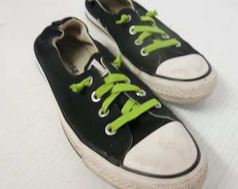 Women’s Converse All Star Black Low Top Sneakers Neon Green Laces Distressed Chuck Taylor 9.5