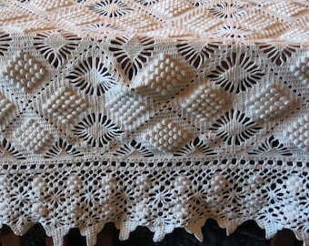 White Cotton Popcorn Crochet Bedspread Afghan Fringe Bedspread Handmade 98" x 94" HEIRLOOM