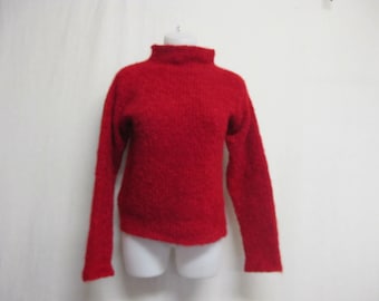 Red Mohair Sweater Bulky SOFT Cropped Sweater Turtleneck Linda Allard