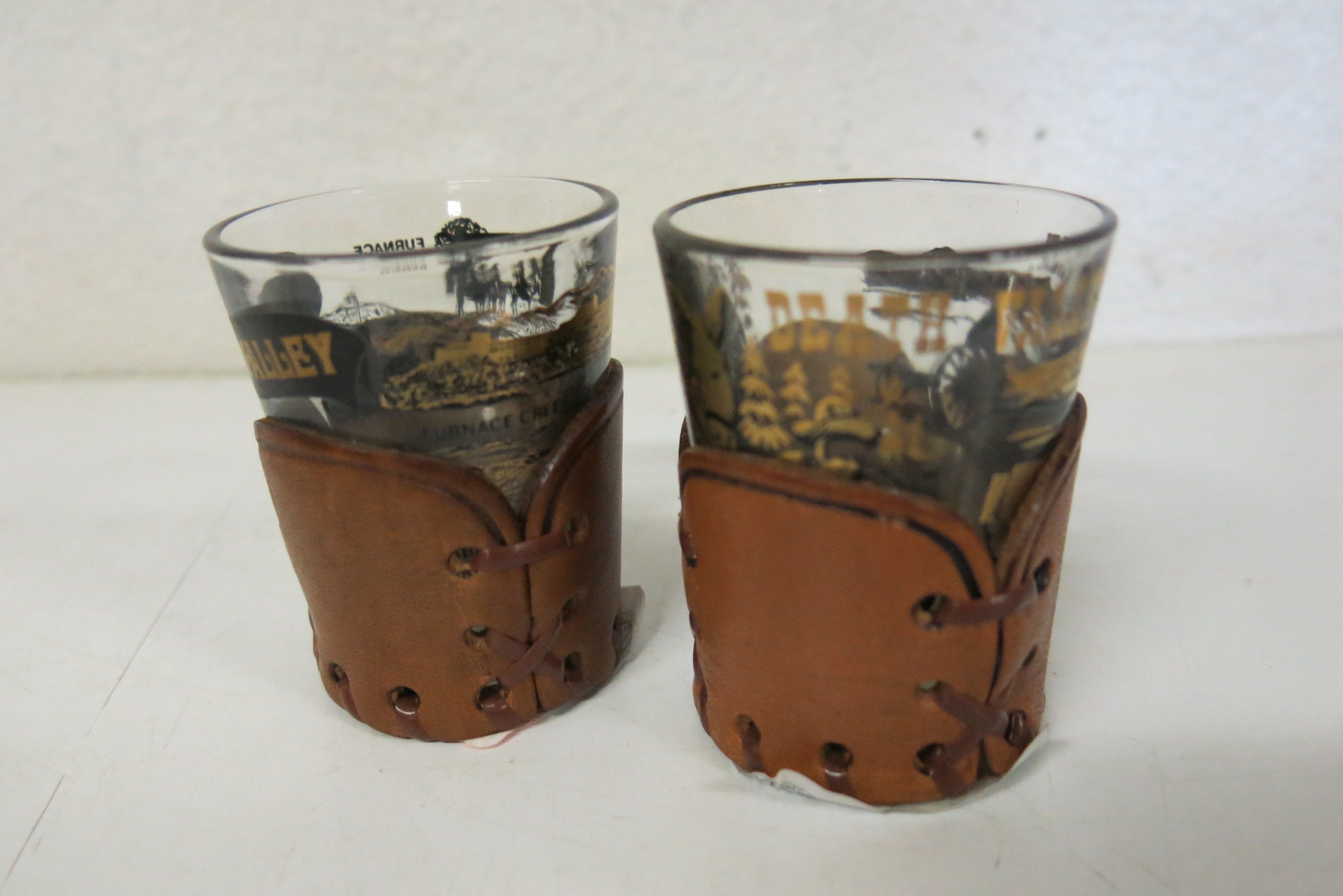 Vintage Shot Glasses Leather Wrapped Set of 2 Old West Cowboy Death Valley