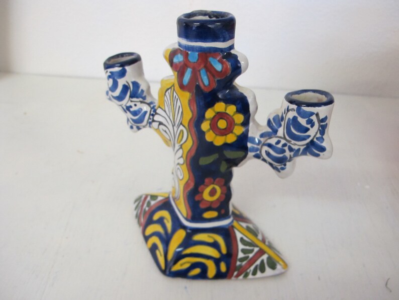 Mexican Pottery Candelabra Mexican Candle Holder Polychrome Pottery Talvera