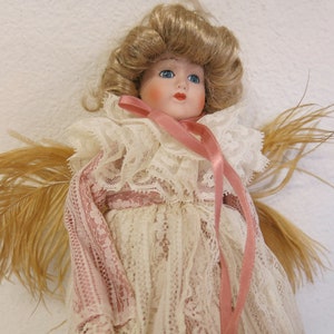 Victorian Angel Tree Topper: Lace Dress, Ostrich Feather Wings, 12&quot;