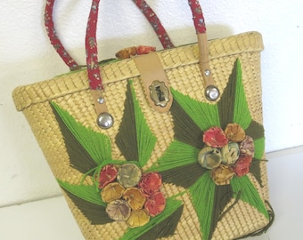 Handtas stro uit het midden van de eeuw raffiagaren bloemen 1950/60's Beach MCM