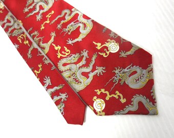 Vintage Silk Red Dragon Necktie | Asian Dragon Novelty Tie | Men's Designer Silk Tie | Gift for Him