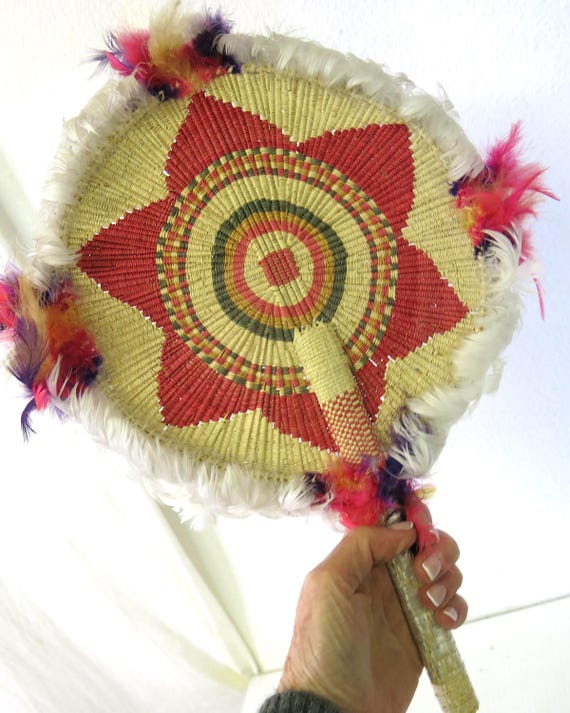Vintage Ghana African Handwoven Raffia Fan Wall Decor Boho Tribal Woven Fan Folk Art