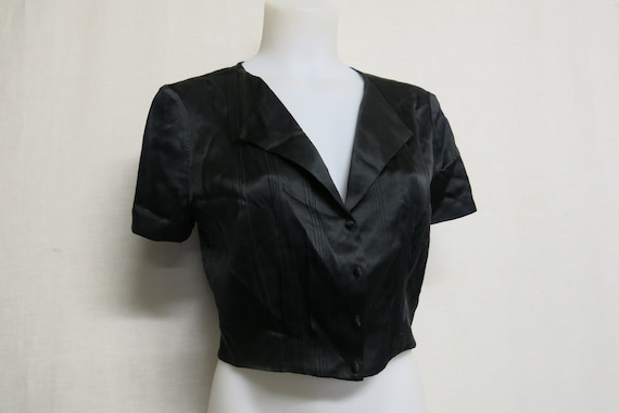 Black Satin Blouse Cropped Short Sleeve Blouse - image 3
