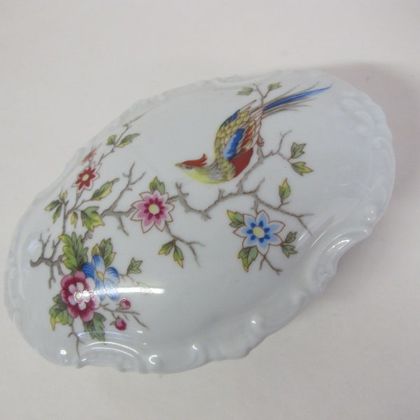 French Limoges Porcelain Covered Bowl Trinket Box  Peacock