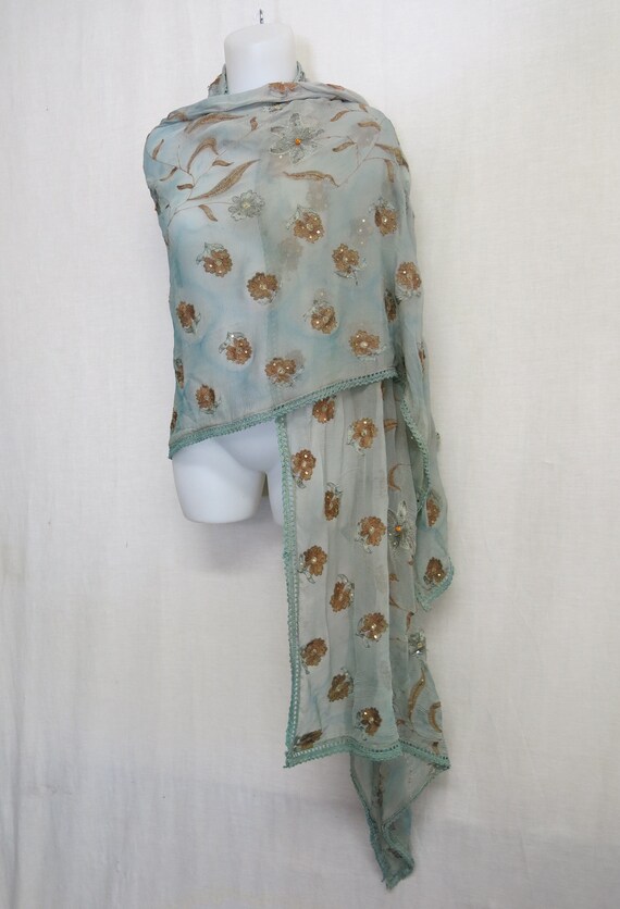 Silk Chiffon Shawl Embroidered Shawl Aqua Chiffon