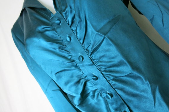 Turquoise Silk Satin Blouse Long Sleeve Small 4P … - image 4