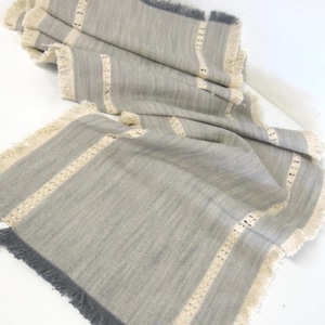 Mid Century Scandinavian Linen Table Runner Hand woven Extar Long 96&quot; Fringe