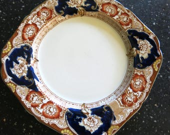 Antyczny talerz z żelaza Davenport w stylu angielskim Flow Blue Imari z kwiatowym złotym wykończeniem w stylu wiktoriańskim