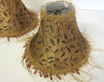 Vintage Beaded Lampshade Gold Bronze Leaf Fabric Fringe Boudoir Hollywood Regency Boho