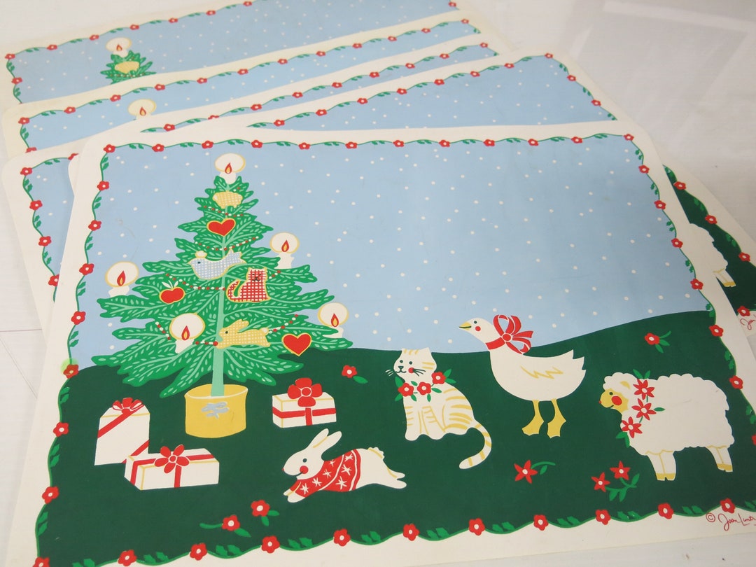 Christmas Placemats Vinyl Placemats Set of 5 Animals and Christmas Tree Joan Luntz Etsy