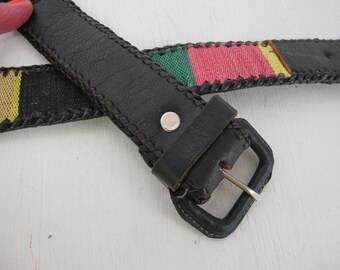 Guatemalan Belt 1970's Hippie Belt Boho Belt Black Leather Belt Woven Belt