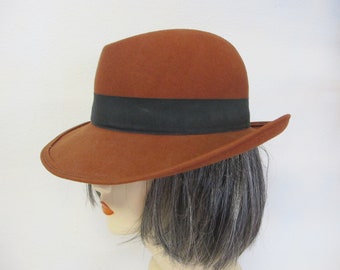 Sombrero hongo fedora de lana de los años 60, color óxido, con cinta de grogrén