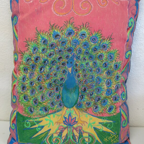Peacock Hand Painted Pillow Rainbow Pillow OOAK