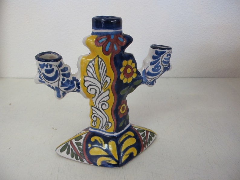 Mexican Pottery Candelabra Mexican Candle Holder Polychrome Pottery Talvera