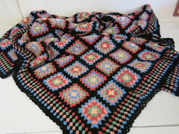 Granny Square Crochet Wool Afghan: Boho Hippie Throw Blanket