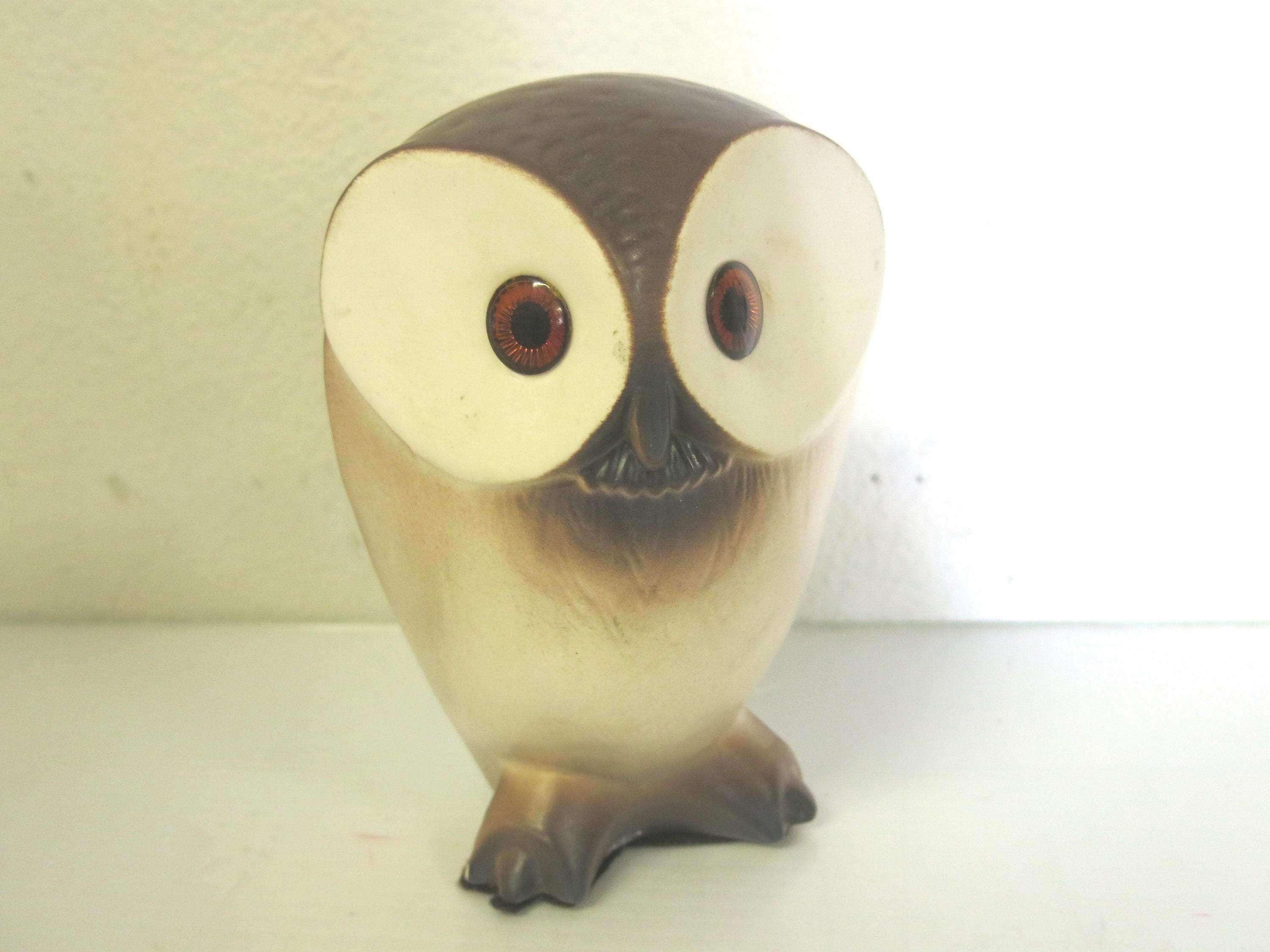 Mid Century Owl Figurine: Big Eye Pottery, Muted Brown Glaze
