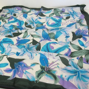 1970&#39;s Floral Silk Scarf Lilies Scarf Cerulean Blue Spring