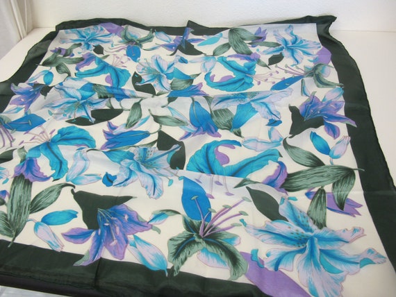 1970's Floral Silk Scarf Lilies Scarf Cerulean Bl… - image 1