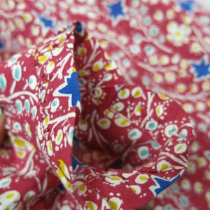 May include: Close-up of a red fabric with a white and blue floral pattern. The fabric has a ruffled edge.