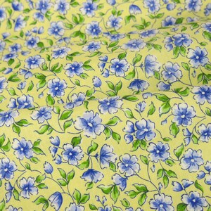 Blue Floral Cotton Fabric: Pale Yellow Old Fashioned Print