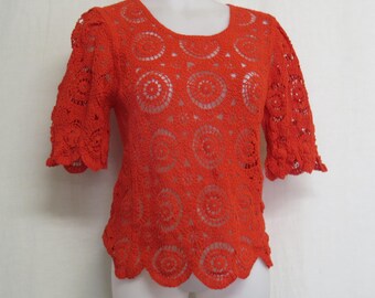 Crochet Sweater Orange Summer Resort Cotton Sweater Short Sleeve S/M