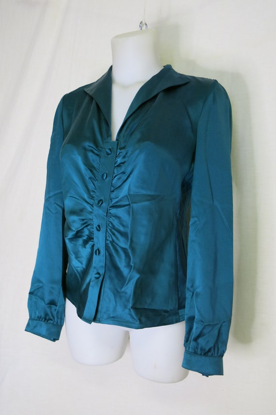 Turquoise Silk Satin Blouse Long Sleeve Small 4P … - image 3