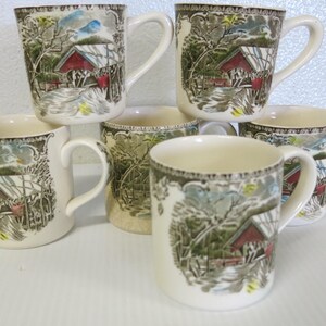 Vintage J&G Meakin Ironstone Mugs | English Covered Bridge Scene, Set of 6