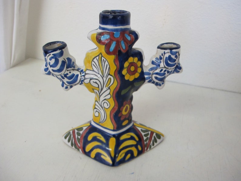 Mexican Pottery Candelabra Mexican Candle Holder Polychrome Pottery Talvera